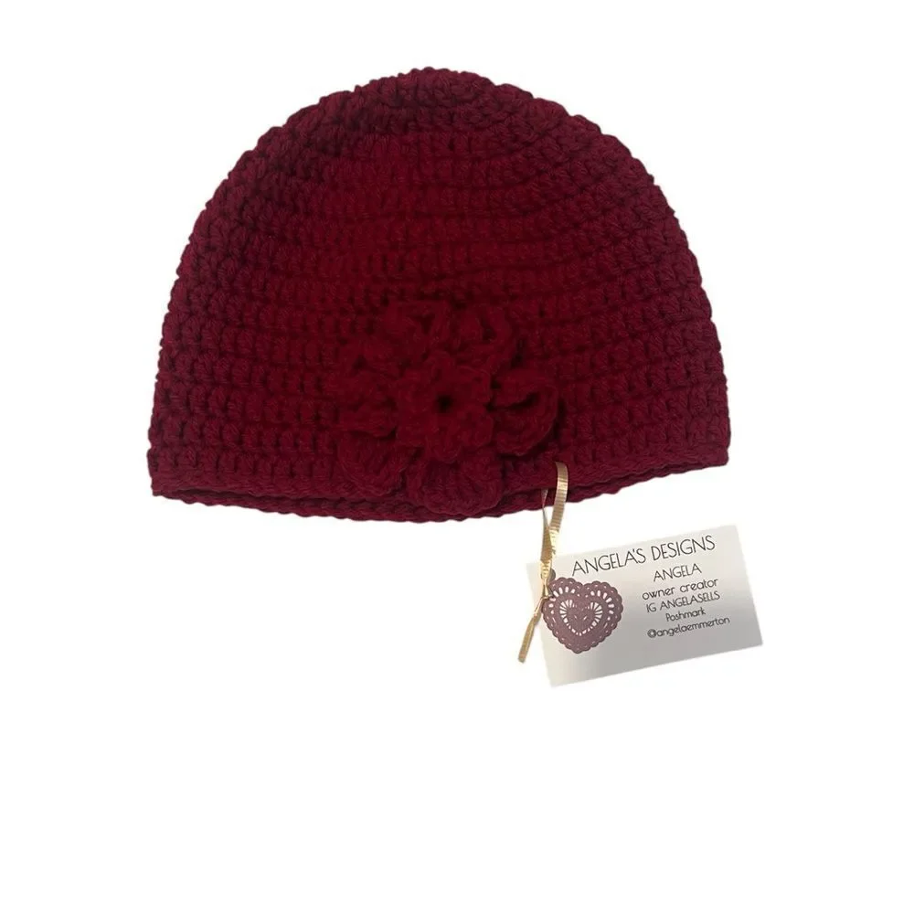 NWT Angelas Designs handmade crochet burgundy one of a kind hat with flower